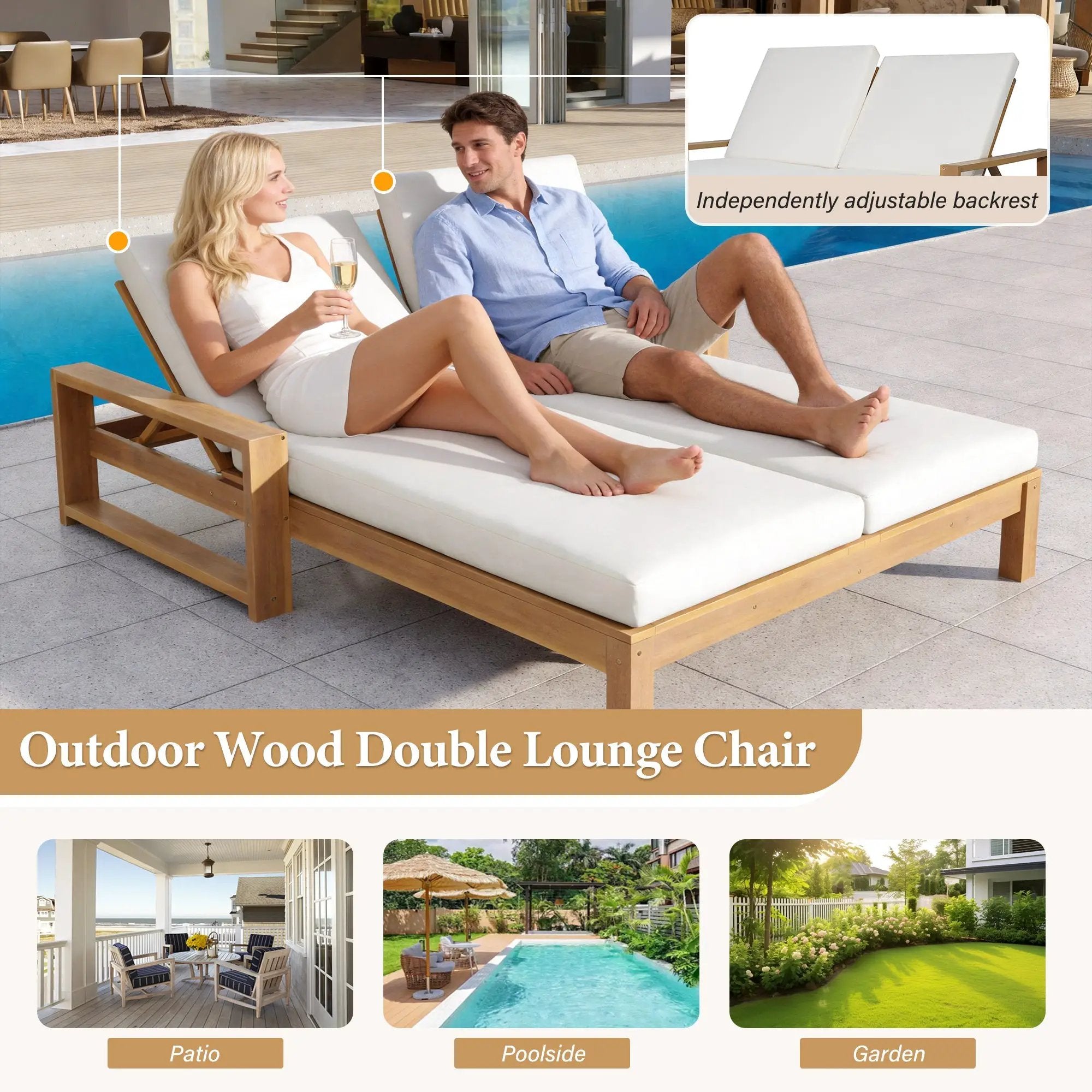 TREXM Outdoor Double Lounge Chair with 5-Position Adjustable Backrest by HouseOfZazla