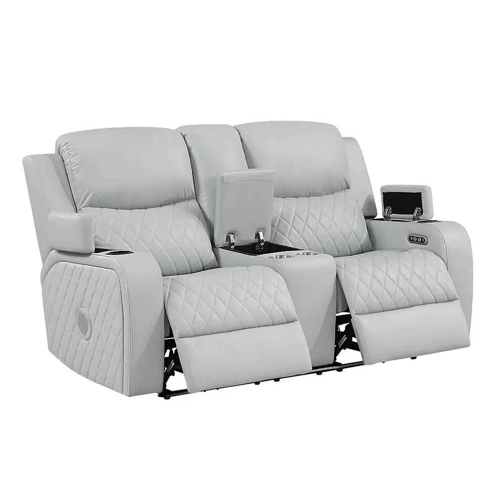 Elonzo - Power Motion Loveseat With Console, LED, Power Headrest & Speaker - Light Gray by Unique Piece Furniture