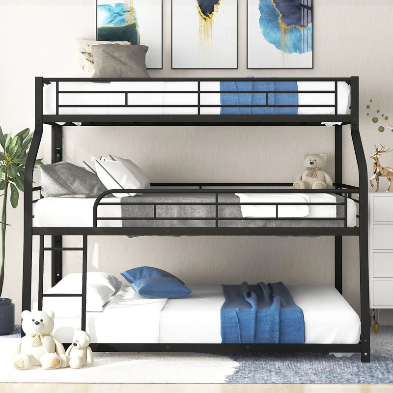Twin Long / Full Long / Queen Triple Bunk Bed With Long And Short Ladder And Full-Length Guardrails - Black by HouseOfZazla