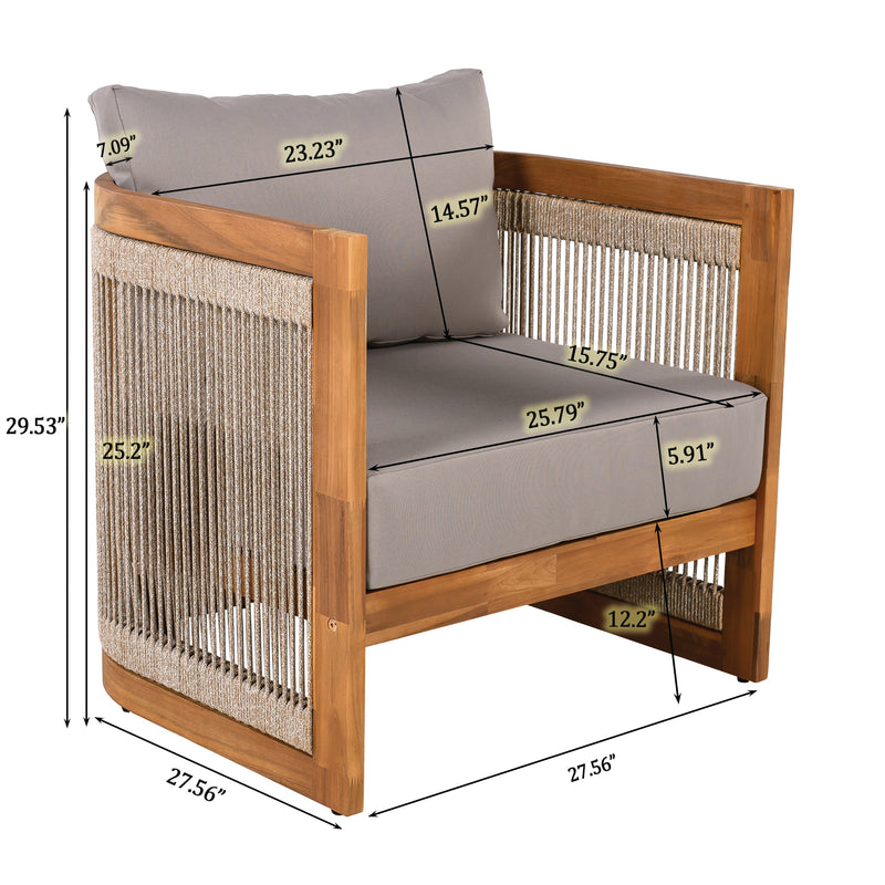 4-Piece Patio Seating Group w/ 2 Chairs, Loveseat & Table Premium Acacia Wood Outdoor Furniture Set,  Curved Tub Design with Woven Rope Accents, Water-Resistant Cushions, All-Weather Slat Construction, photo 4 of 10
