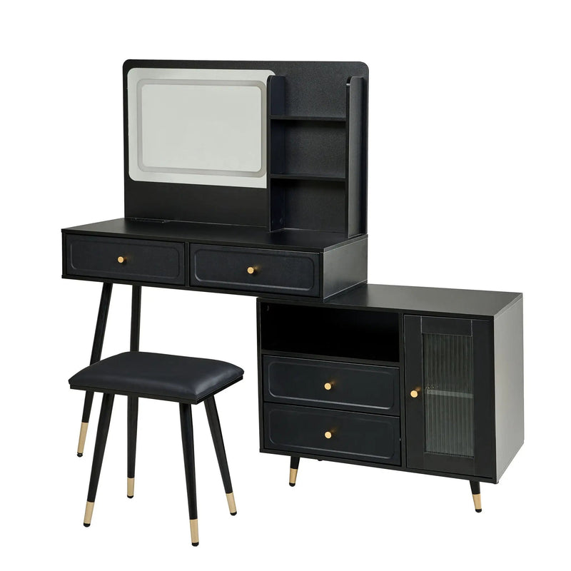 Modern Makeup Vanity Desk With Mirror And Lights Retractable Design Engineered Wood - Black by HouseOfZazla