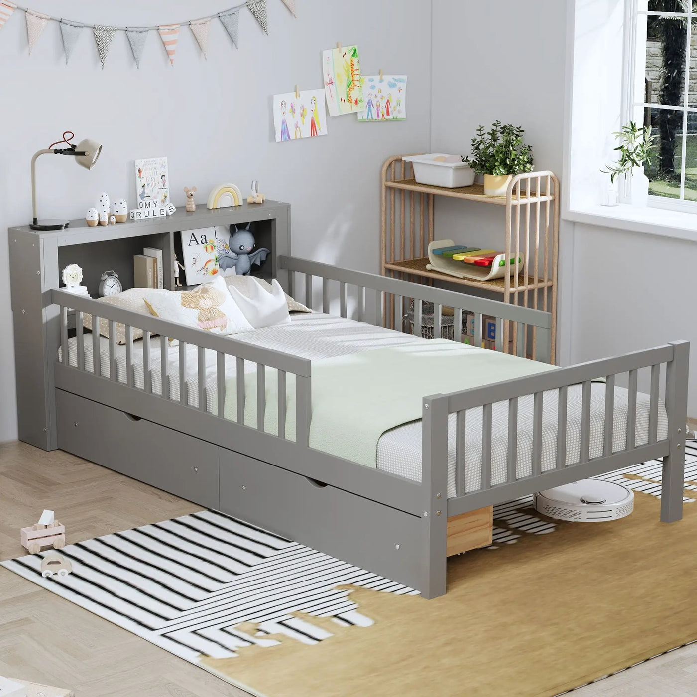 Bed With Headboard Storage Rack, 2 Under Bed Drawers, 3 Side Guardrails For Safety by HouseOfZazla