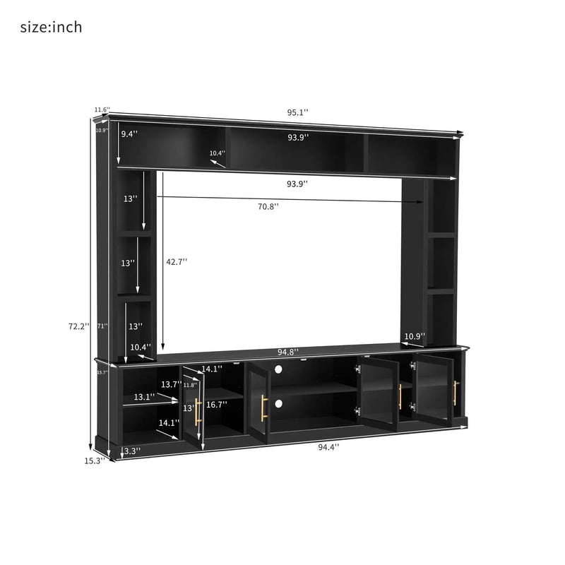 All-In-One Entertainment Center With Bookshelves & Tempered Glass Doors, TV Console Unit For Living Room by Unique Piece Furniture