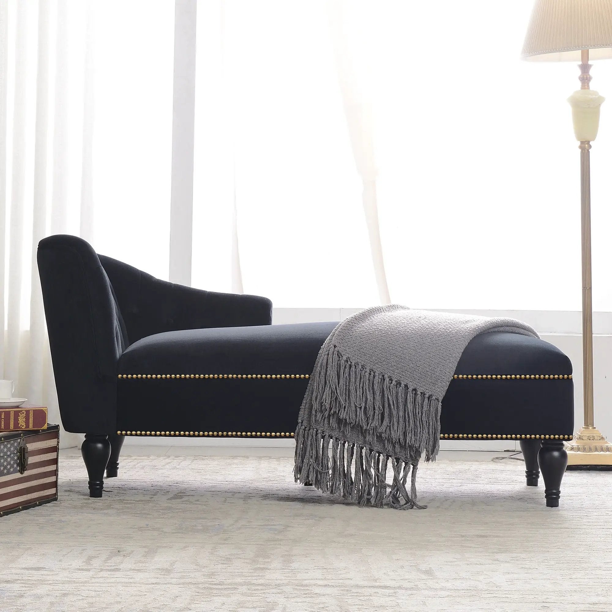 Velvet Chaise Lounge, Button Tufted Right Arm Facing Lounge Chair With Nailhead Trim For Living Room - Black by HouseOfZazla