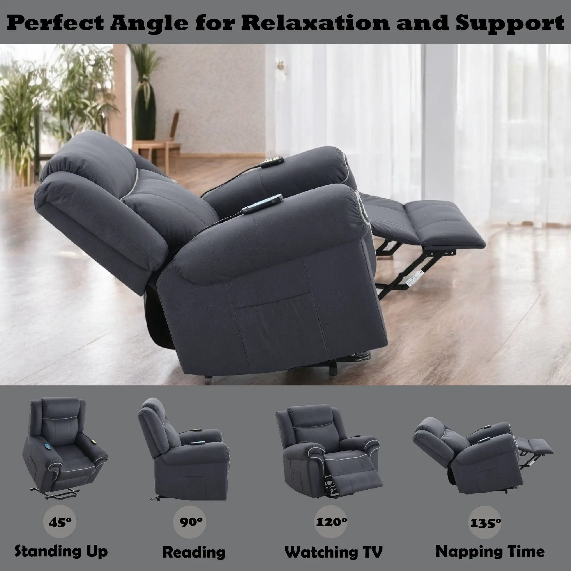 Domana - Polished Microfiber Power Nirion Recliner With Lift Heating Massage Chair - Dark Blue by HouseOfZazla