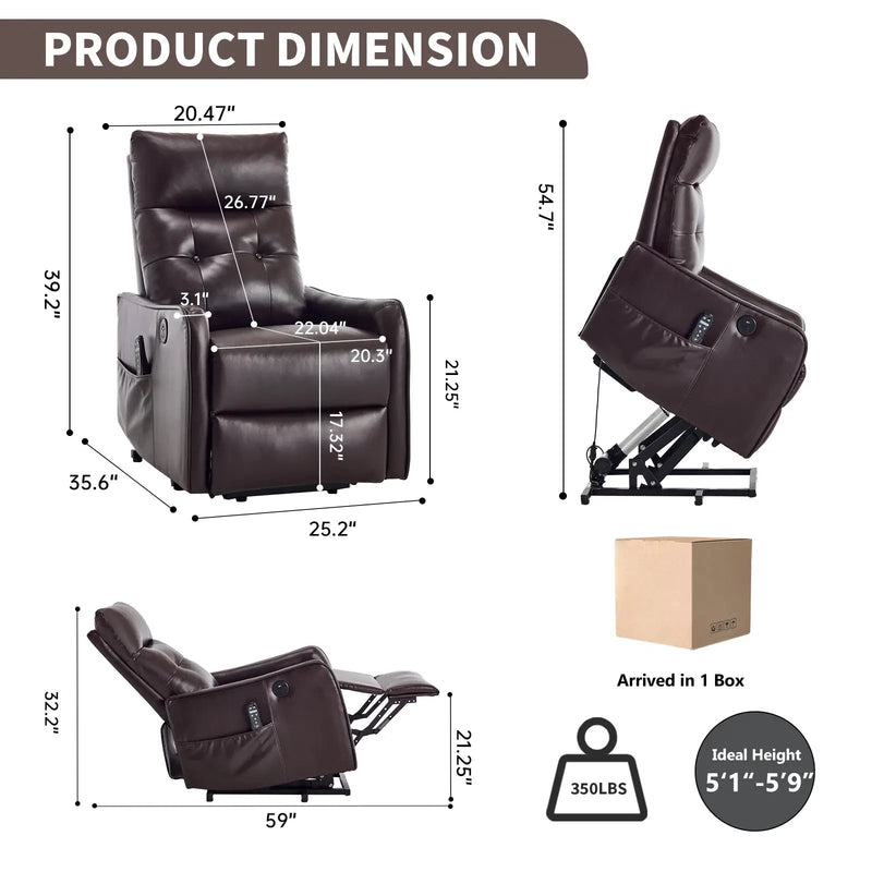 Brown PU Single Motor Power Lift Recliner Chair with Massage & Heat by HouseOfZazla