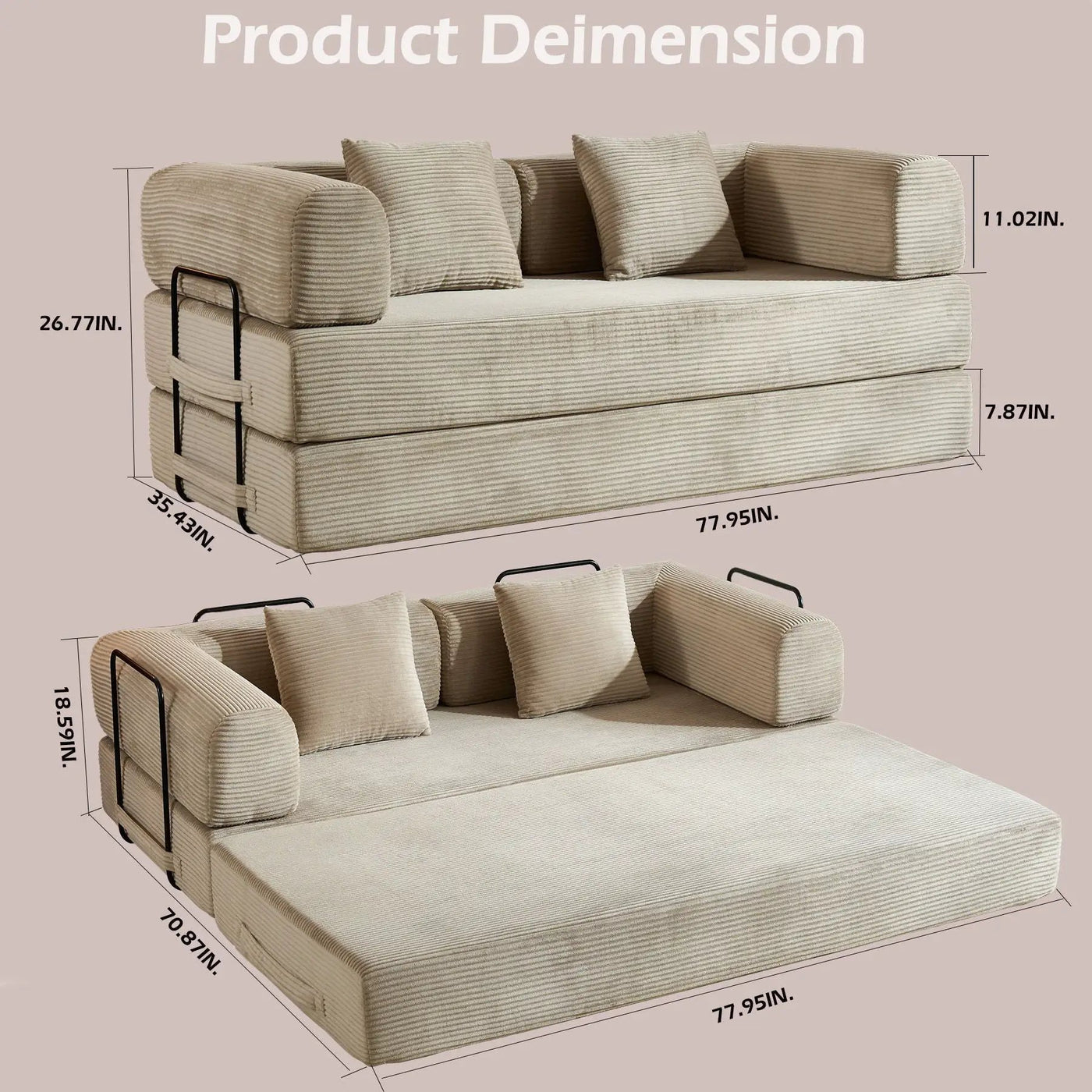 Convertible Sleeper Sofa Bed With Cylindrical Pillow, With Fixed Shape Frame by HouseOfZazla