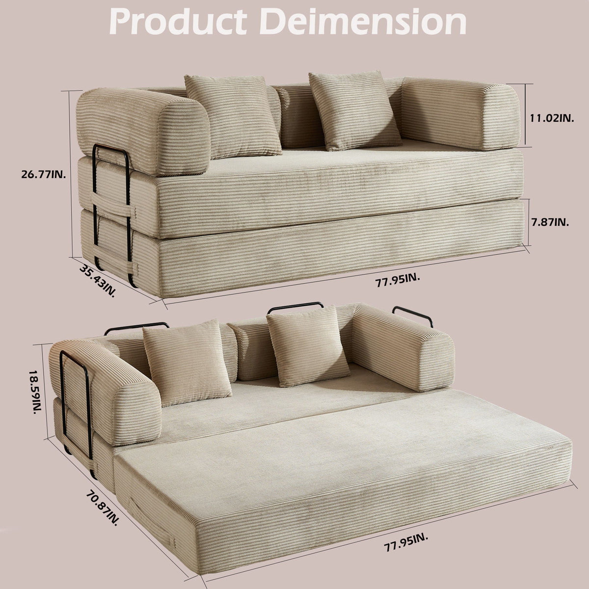 Convertible Sleeper Sofa Bed with Fixed Shape Frame and Cylindrical Pillow - Fabric, photo 6 of 12