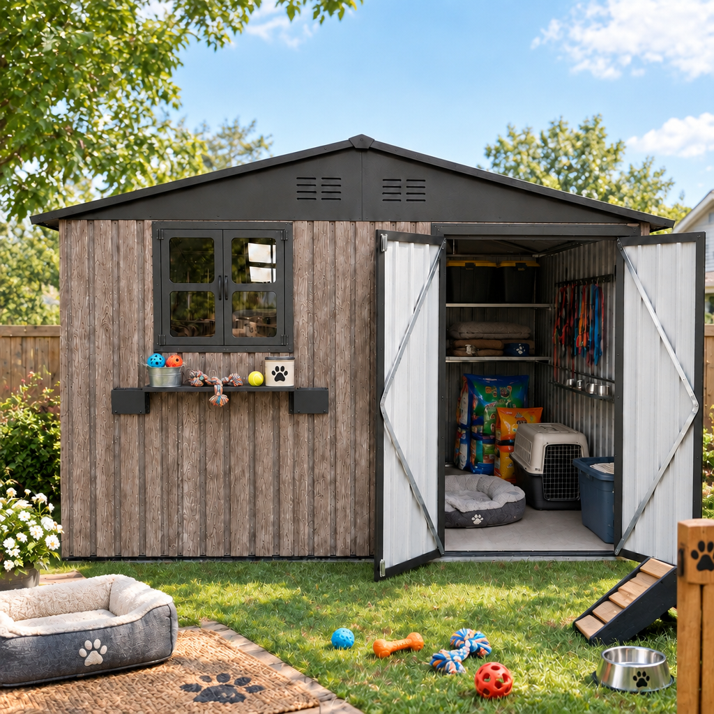 10x8 FT Outdoor Metal Storage Shed with Window & Flower Rack, Lockable Double Doors Tool Shed, Waterproof Weatherproof Garden Shed for Backyard Patio,Grey+Black., photo 5 of 9