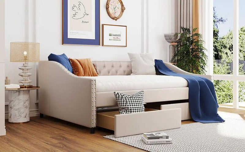 Upholstered Daybed With Two Drawers, Wood Slat Support by HouseOfZazla