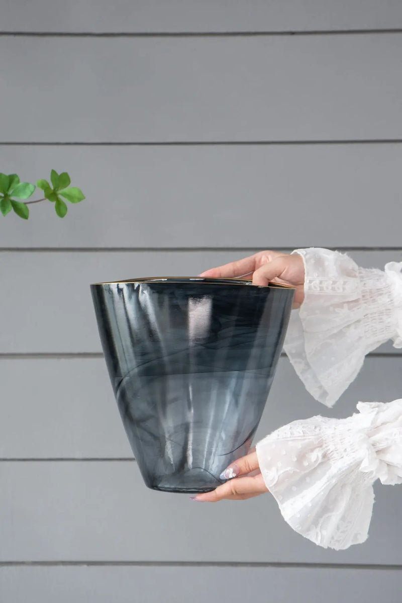 9.3x4.7x9.3' Smokey Black Glass Vase with Gold Rim by HouseOfZazla