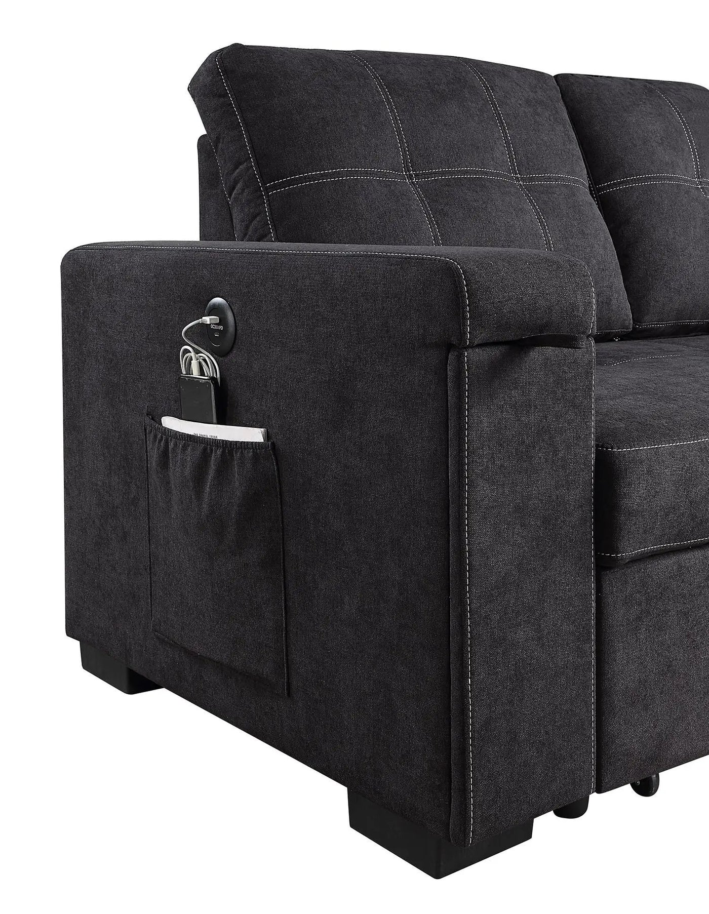 Toby - Woven Fabric Reversible Sleeper Sectional Sofa With Storage Chaise Cup Holder Charging Ports And Pockets by HouseOfZazla