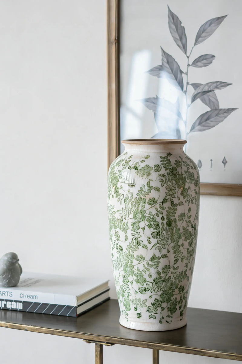 7.7x7.7x14.6' White Ceramic Flower Vase with Green Floral Pattern by HouseOfZazla