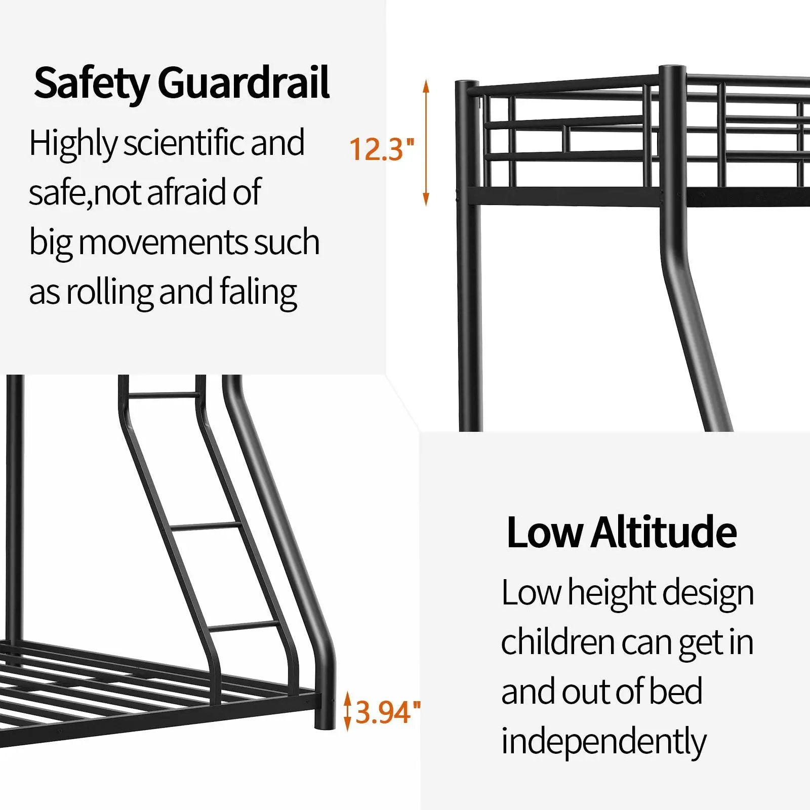 Bunk Bed Frame With Ladder And Guardrail, Heavy Duty Noise Free Design Metal Construction by HouseOfZazla