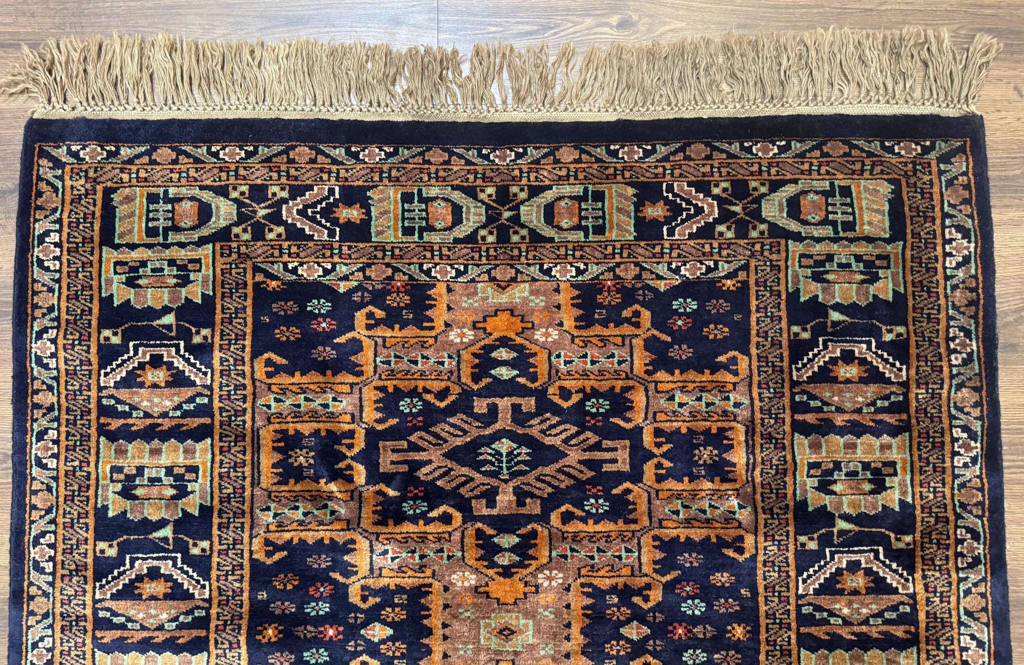 Vintage Afghan Rug 4x6, Navy Blue and Light Brown, Geometric Medallions, Wool on Wool, Tribal Rug by Jewel Rugs