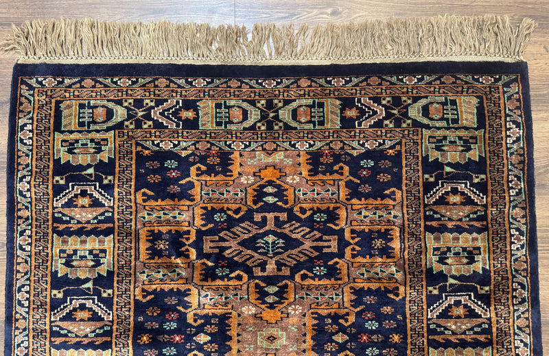 Vintage Afghan Rug 4x6, Navy Blue and Light Brown, Geometric Medallions, Wool on Wool, Tribal Rug by Jewel Rugs
