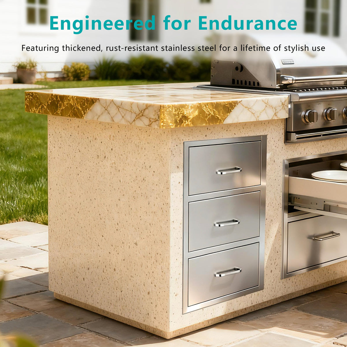 Outdoor Kitchen Drawers Stainless Steel, Flush Mount Triple Drawer,  18Wx23Hx23D with Stainless Steel Handle, BBQ Drawers for Outdoor Kitchens or BBQ Island, photo 8 of 10