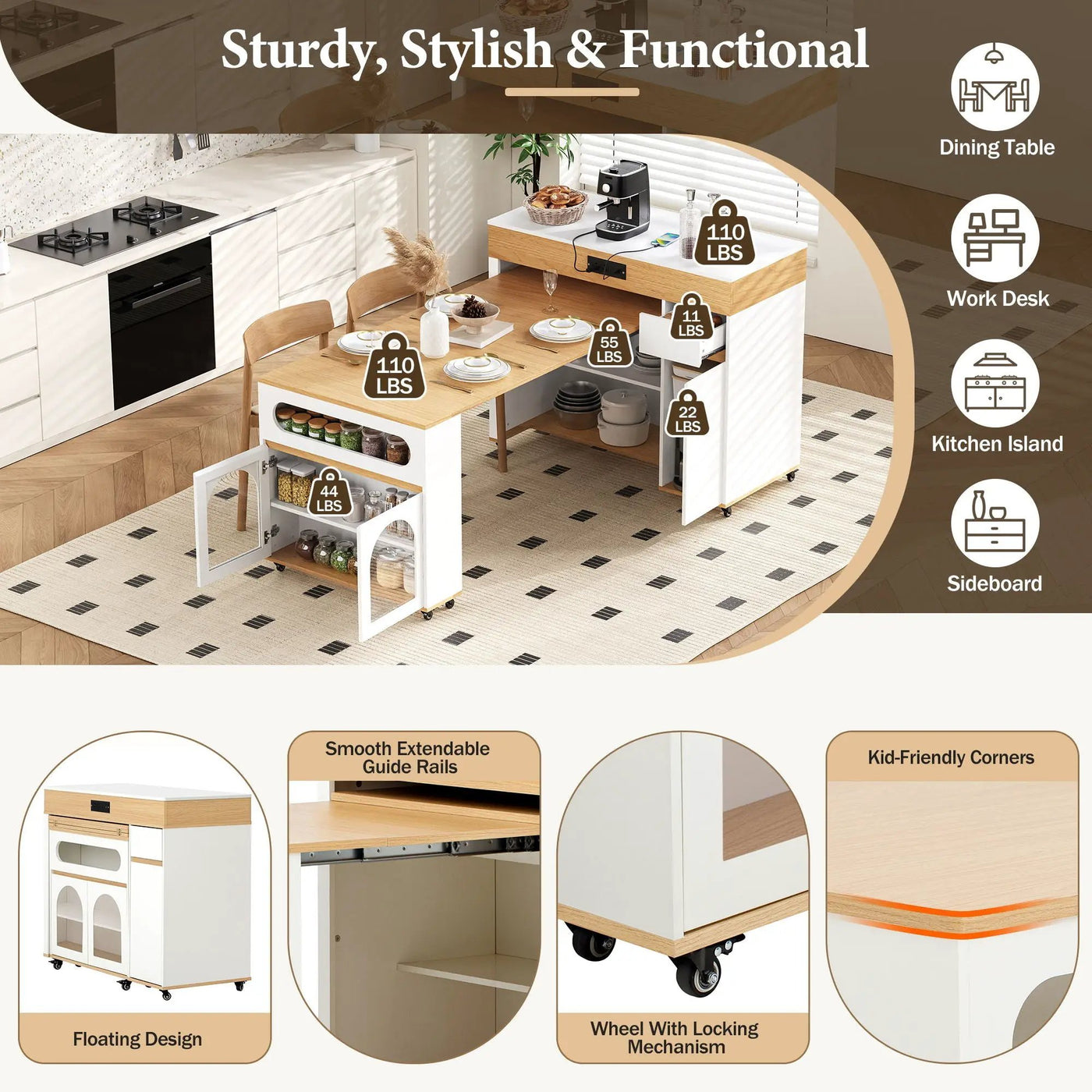 Extendable Dining Table With Folding Top, Rolling Kitchen Island With Drawers And Power Outlet by HouseOfZazla