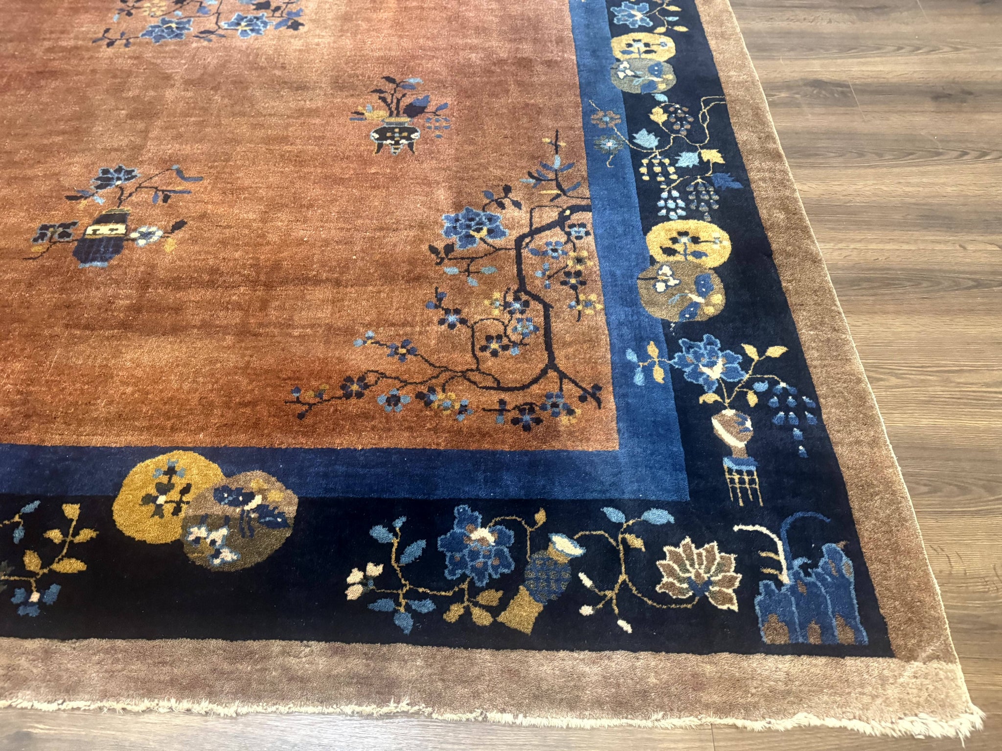 Antique Chinese Wool Rug 9x12, Light Brown and Navy Blue, Fete Peking Art Deco by Jewel Rugs