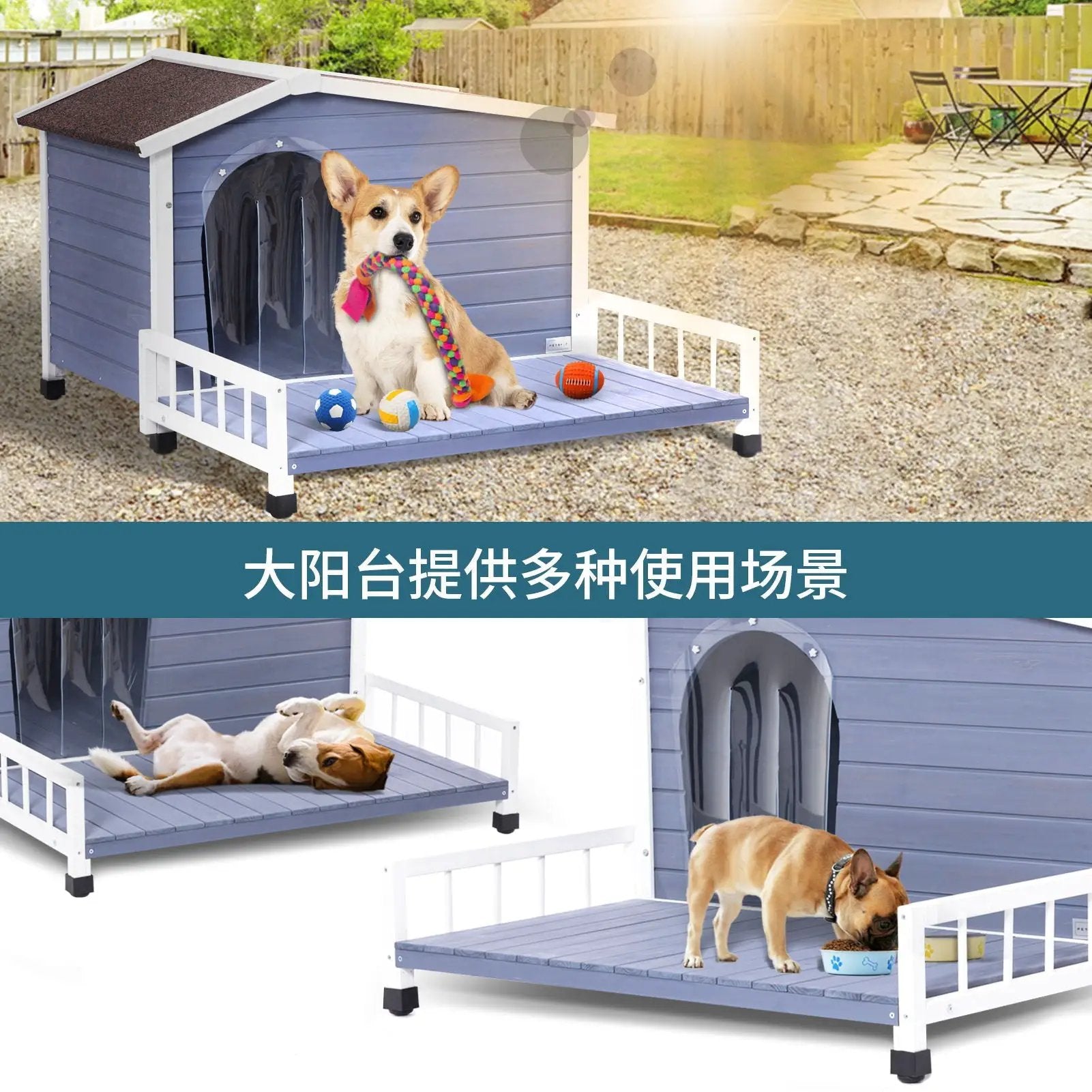 Large Wooden Dog House Indoor Outdoor With Terrace And Open Waterproof Asphalt Roof, Outdoor Dog House With Raised Floor, Windows And Door Curtains, Suitable For Small And Medium Dogs - Gray by HouseOfZazla