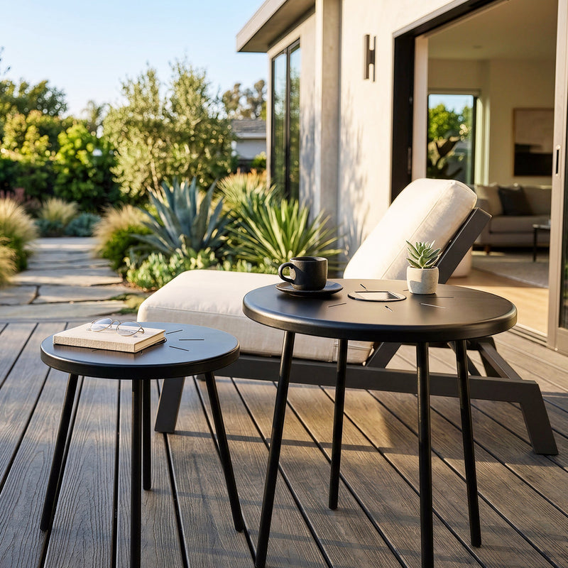 2-Pack Solar Powered Side Table with LED Light, Outdoor/Indoor Nesting Round End Table Set by HouseOfZazla