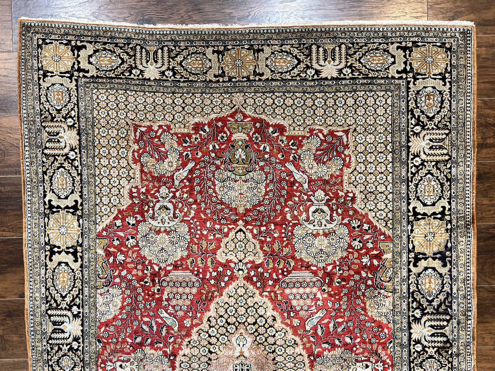 Wonderful Persian Silk Rug 5x7, Birds Floral Vases, Red, Hand Knotted Silk Fine Oriental Carpet, Handmade Vintage, Persian Qum Rug, 400 KPSI by Jewel Rugs
