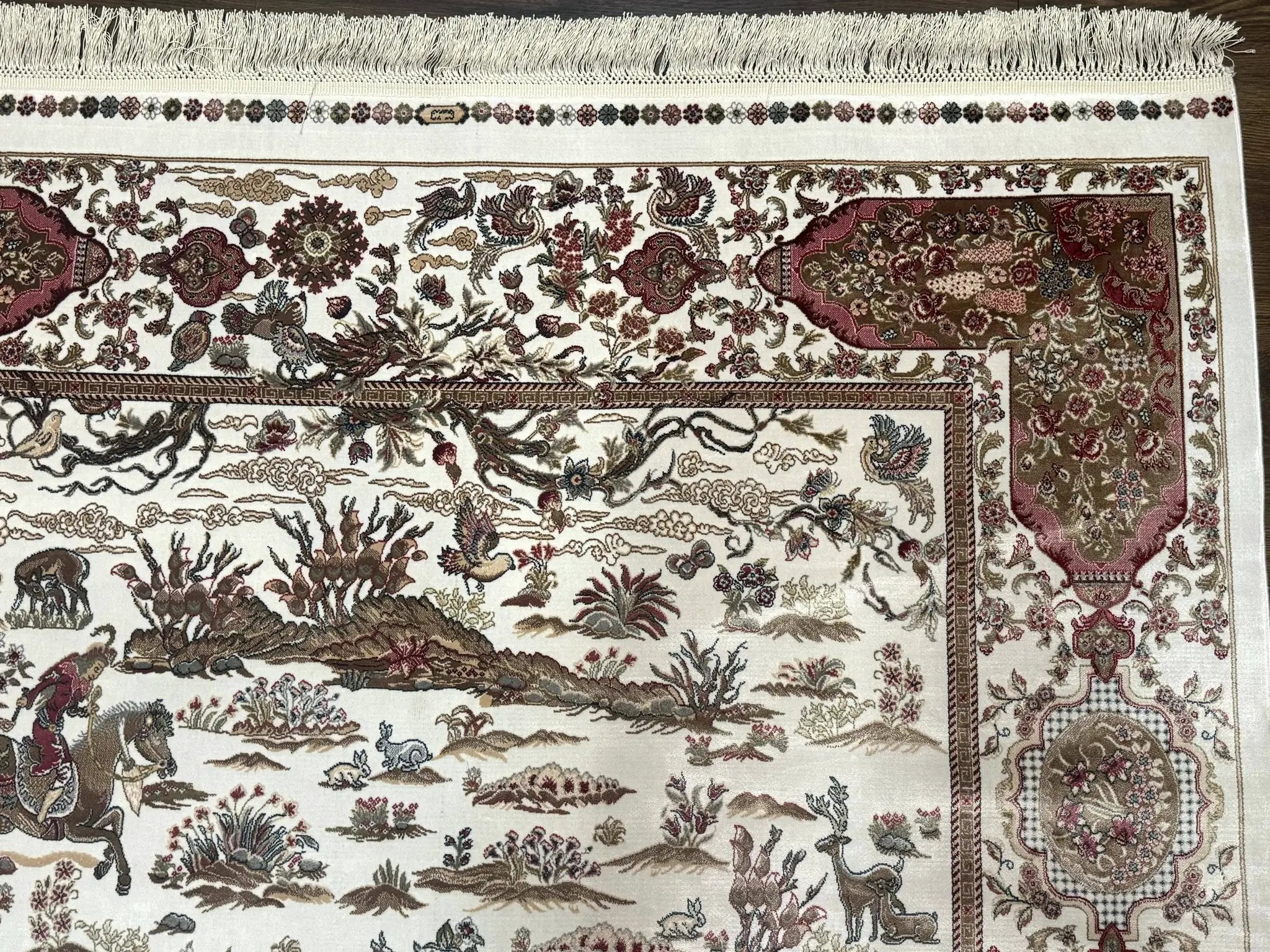 Turkish Silk Rug 5x8, Ivory, Hunting Design, Animal Pictorials, Bamboo Silk by Jewel Rugs