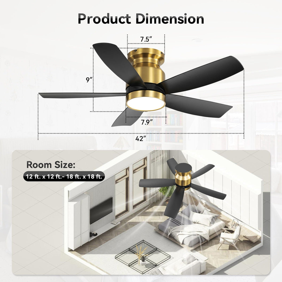 Flush Mount Ceiling Fan with LED Light and Remote Control - White or Black, photo 5 of 8