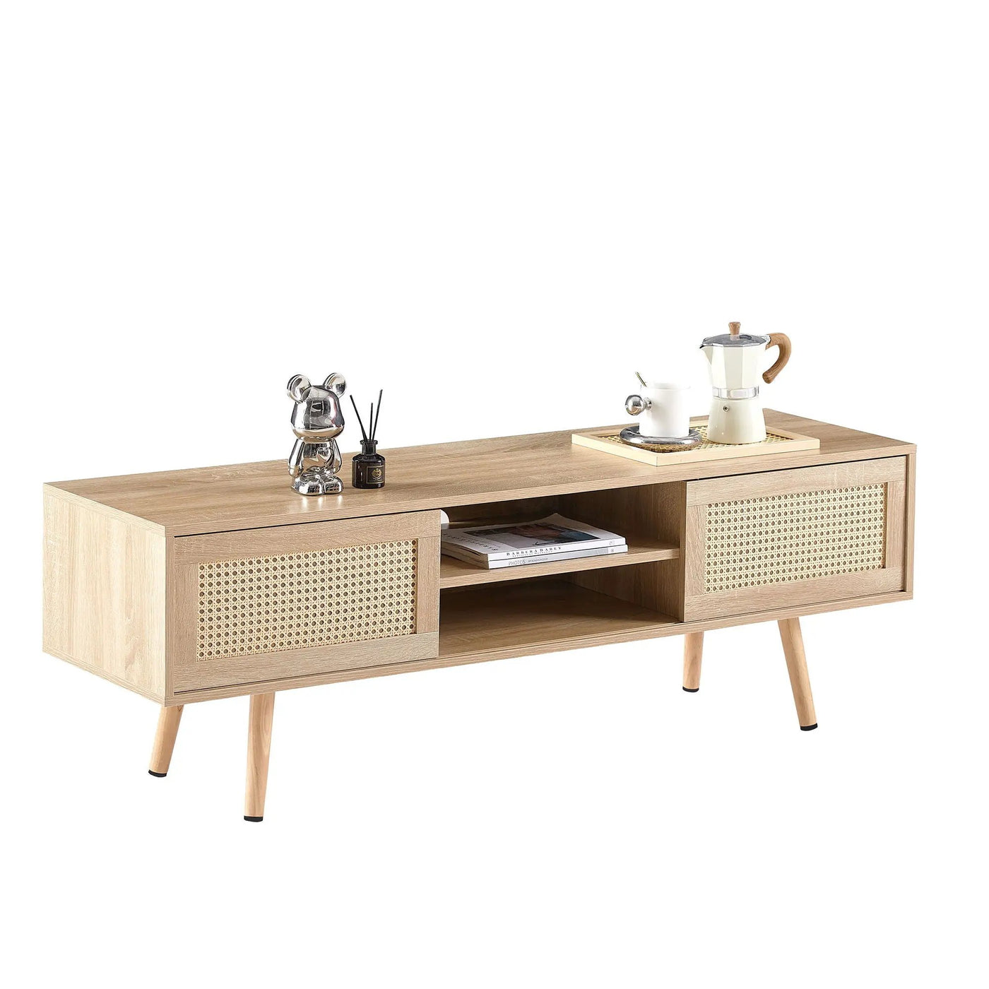 55.12" Rattan TV Cabinet, Double Sliding Doors For Storage, Adjustable Shelf, Solid Wood Legs, TV Console For Living Room by Unique Piece Furniture