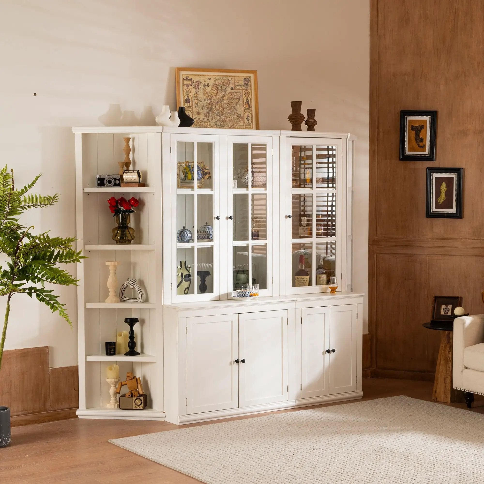 Retro Style Wall Suit With Glass Doors, 75.25" Tall Display Cabinets & Triangle Sided Bookshelves - White by Unique Piece Furniture