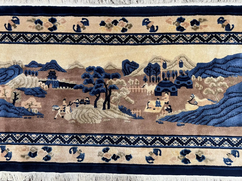 Antique Chinese Pictorial Rug 2.7 x 5, Chinese Village and Hills Carpet, Beige and Dark Blue, Handmade, Horizontal Rug Wall Hanging Tapestry by Jewel Rugs