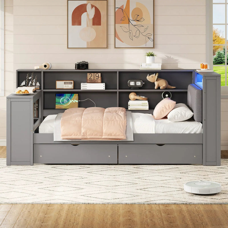 Platform Bed With Upholstered Headboard, Storage Shelves, Drawers, Charging Station, LED Lighting, Built In Desk by Unique Piece Furniture