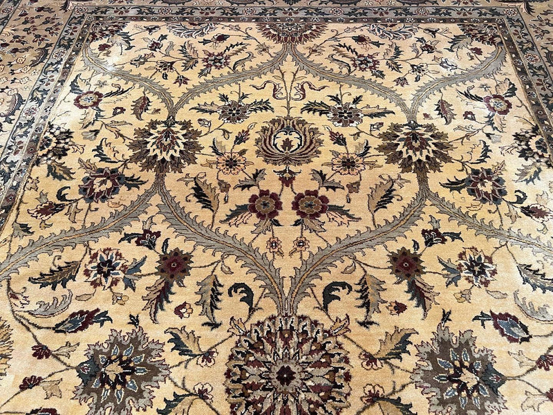 Indo Persian Mahal Rug 10x14, Wool Hand Knotted Oriental Carpet, Cream Floral Allover, Vintage Area Rug 10 x 14, Traditional Rug, Handmade by Jewel Rugs