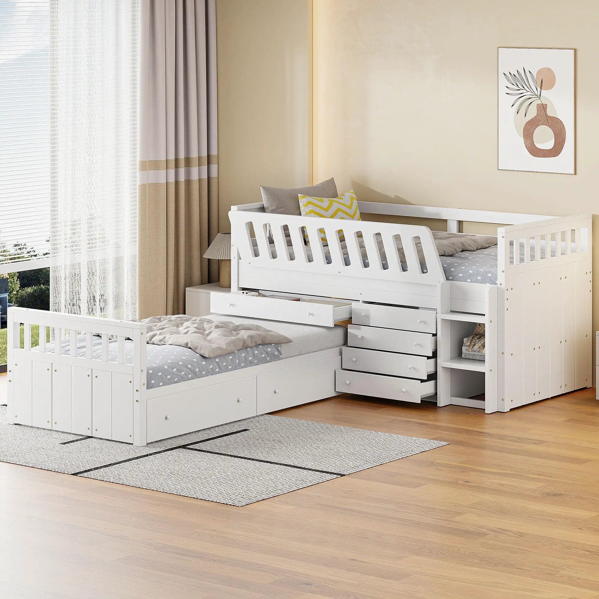 Loft Platform Bed With 7 Drawers And Full Guardrails, Modern L Shaped Space Savin by HouseOfZazla