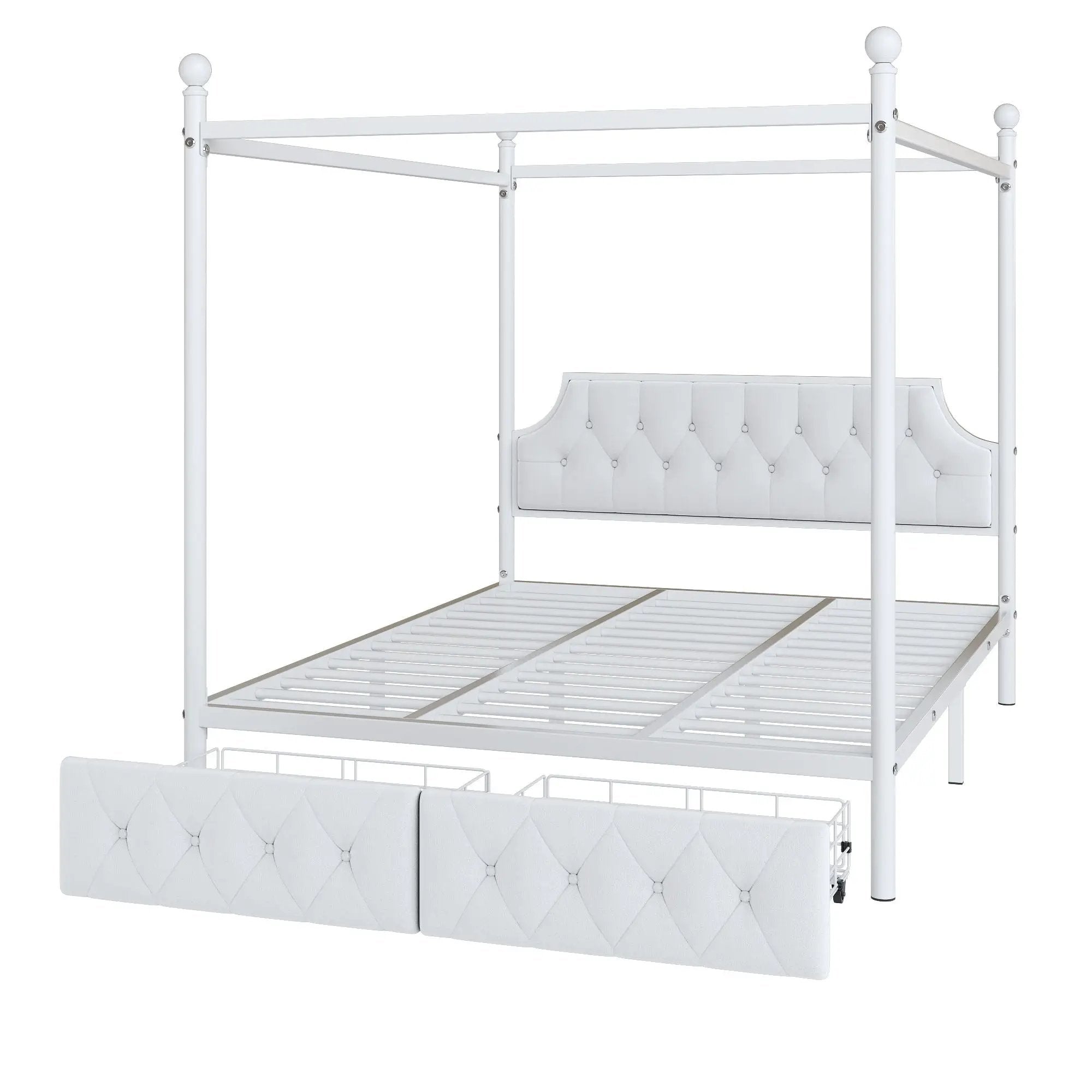 Queen Size Canopy Platform Bed With Upholstered Headboard And 2 Storage Drawers - White by HouseOfZazla