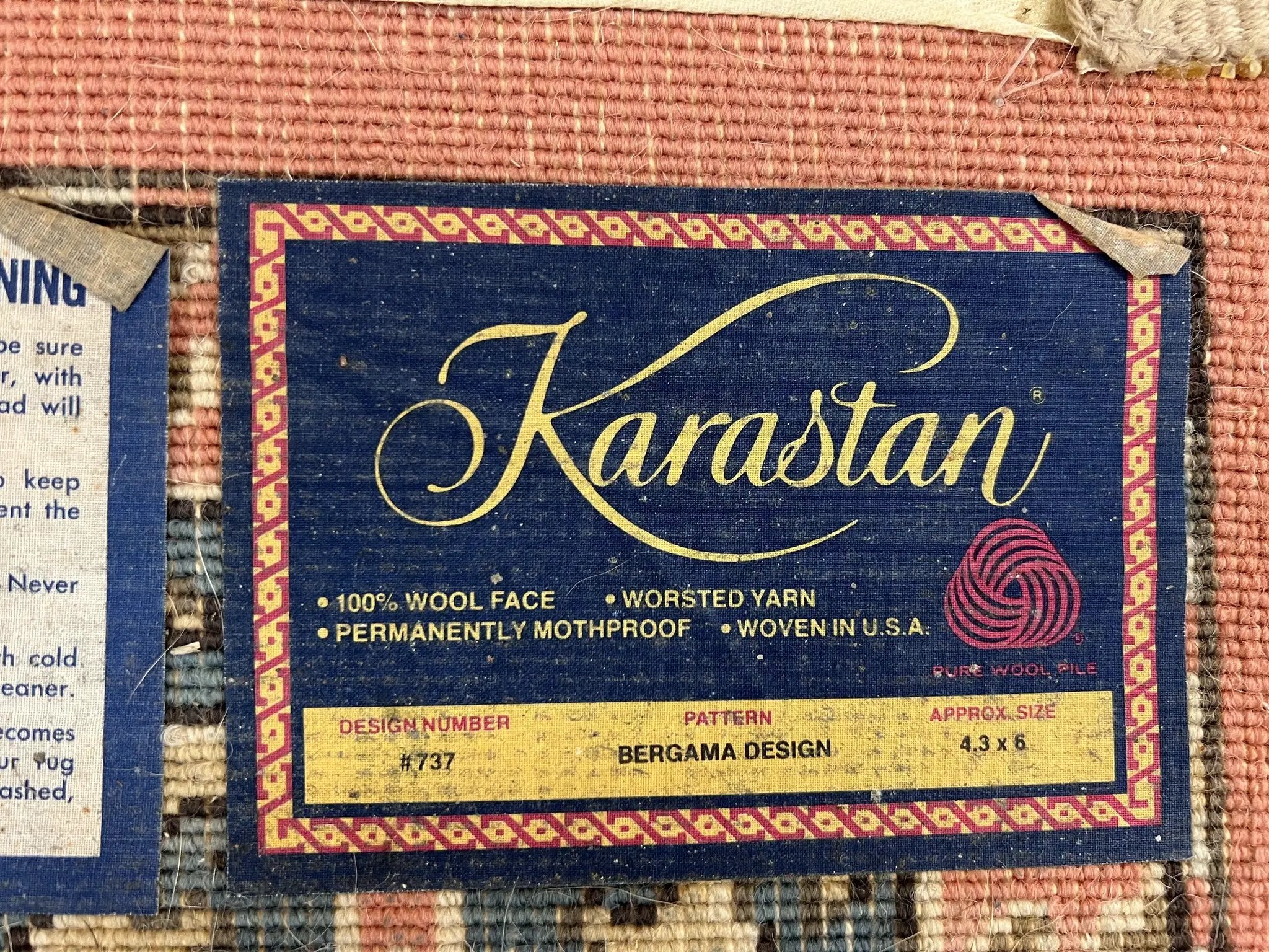 Karastan Rug 4x6 Bergama Design #737, Karastan Area Rug, Vintage Wool Karastan Carpet, Original Collection 700 Series, Salmon Red Light Blue by Jewel Rugs