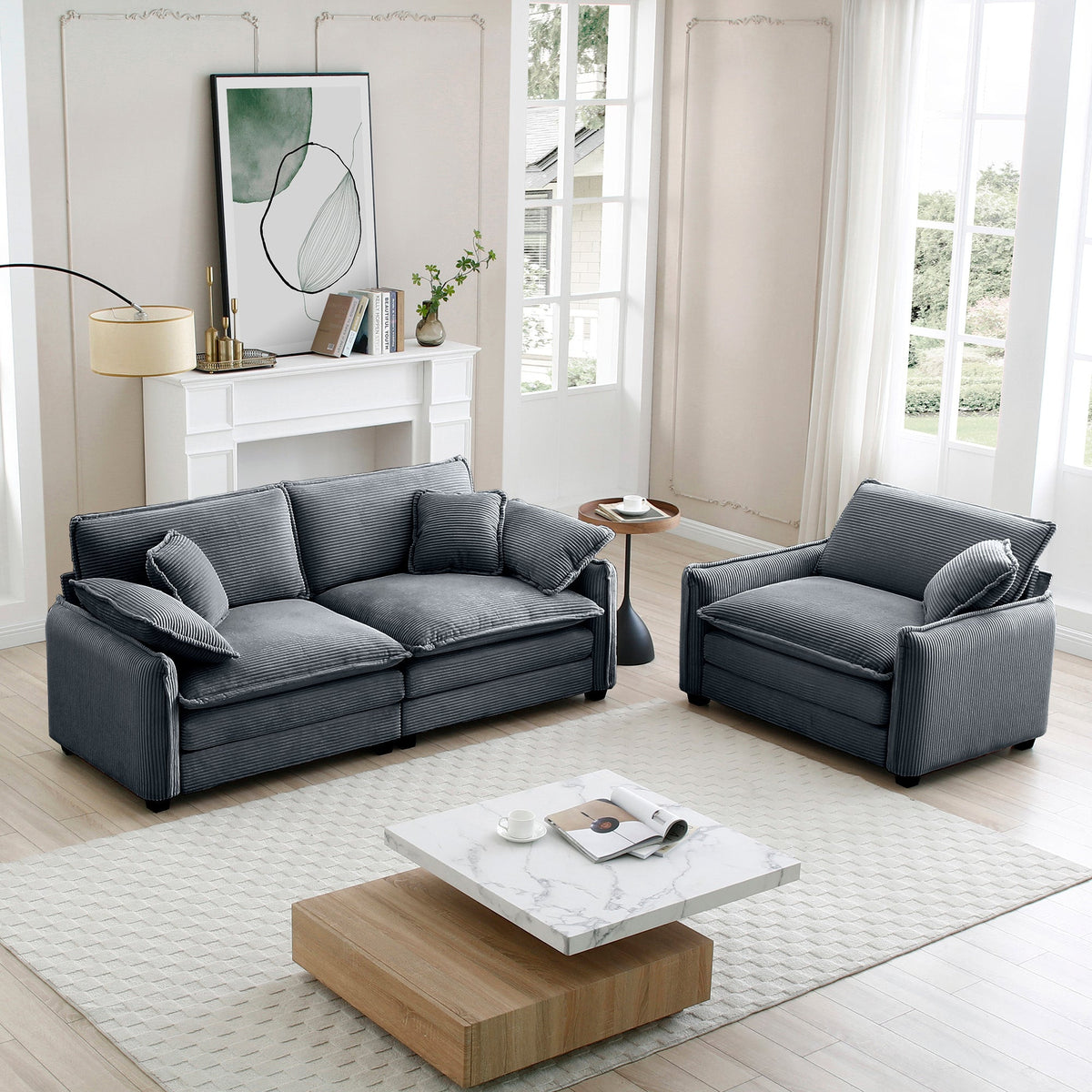 Modern Corduroy Sofa Set with Two Pieces - Grey or Green, photo 4 of 10