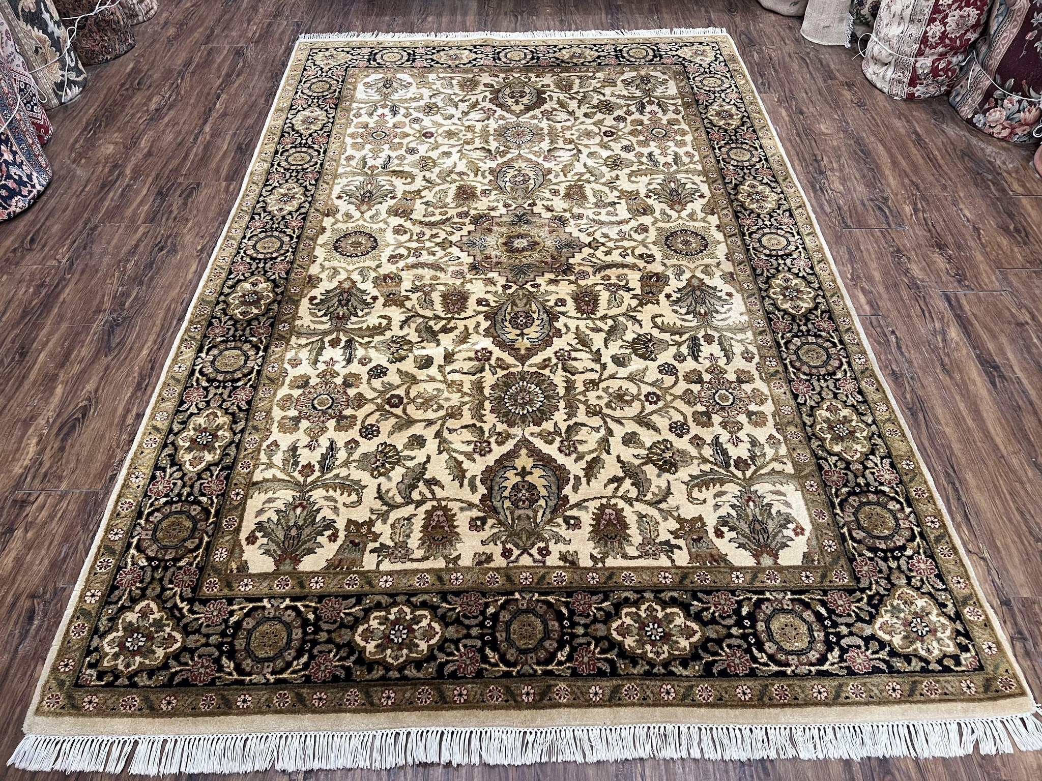Indo Mahal Rug 6x9, Indian Floral Carpet 6 x 9, Beige and Black, Allover Design, Living Room Rug, Bedroom Rug, Traditional Rug, Vintage Rug by Jewel Rugs