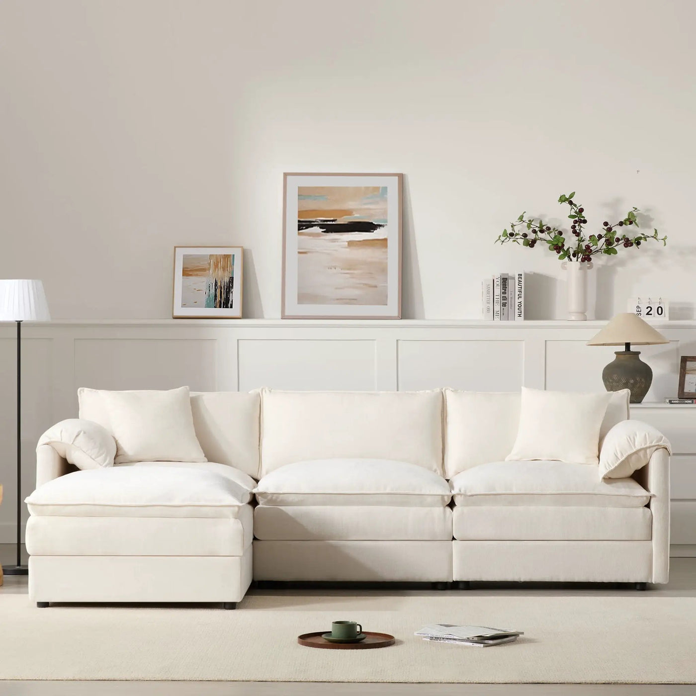 Modular Sectional With Deep And Wide Seat, Cloud Couch Set With Double Cushions Sofa With Movable Ottoman by Unique Piece Furniture