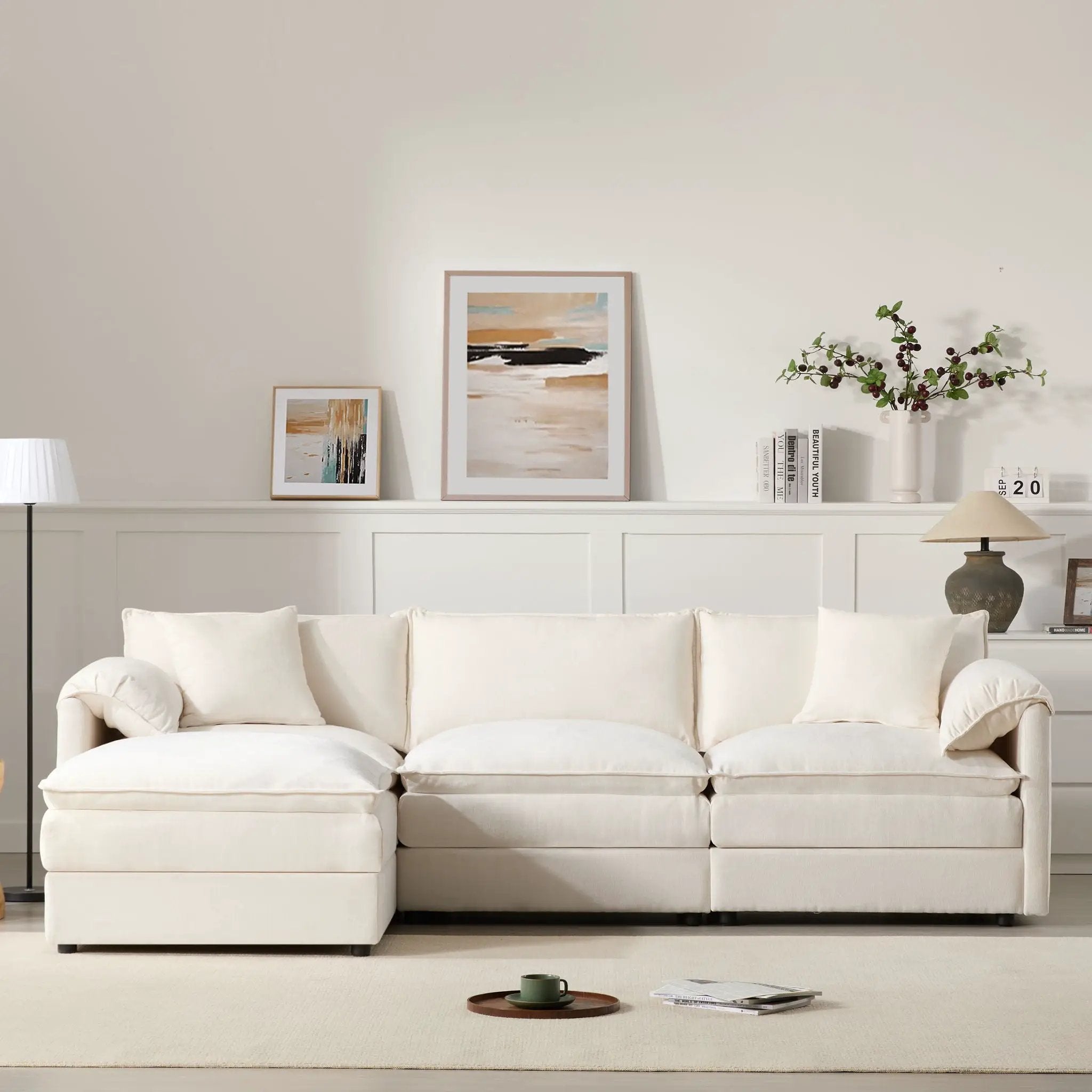 Modular Sectional With Deep And Wide Seat, Cloud Couch Set With Double Cushions Sofa With Movable Ottoman by HouseOfZazla