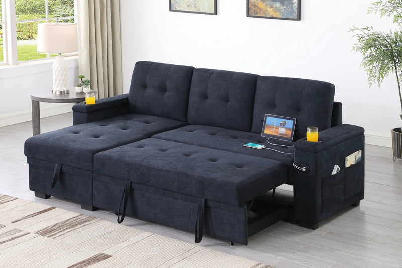 Ashlyn II - 84"W Woven Fabric Reversible Sleeper Sectional Sofa with Storage Chaise by Unique Piece Furniture