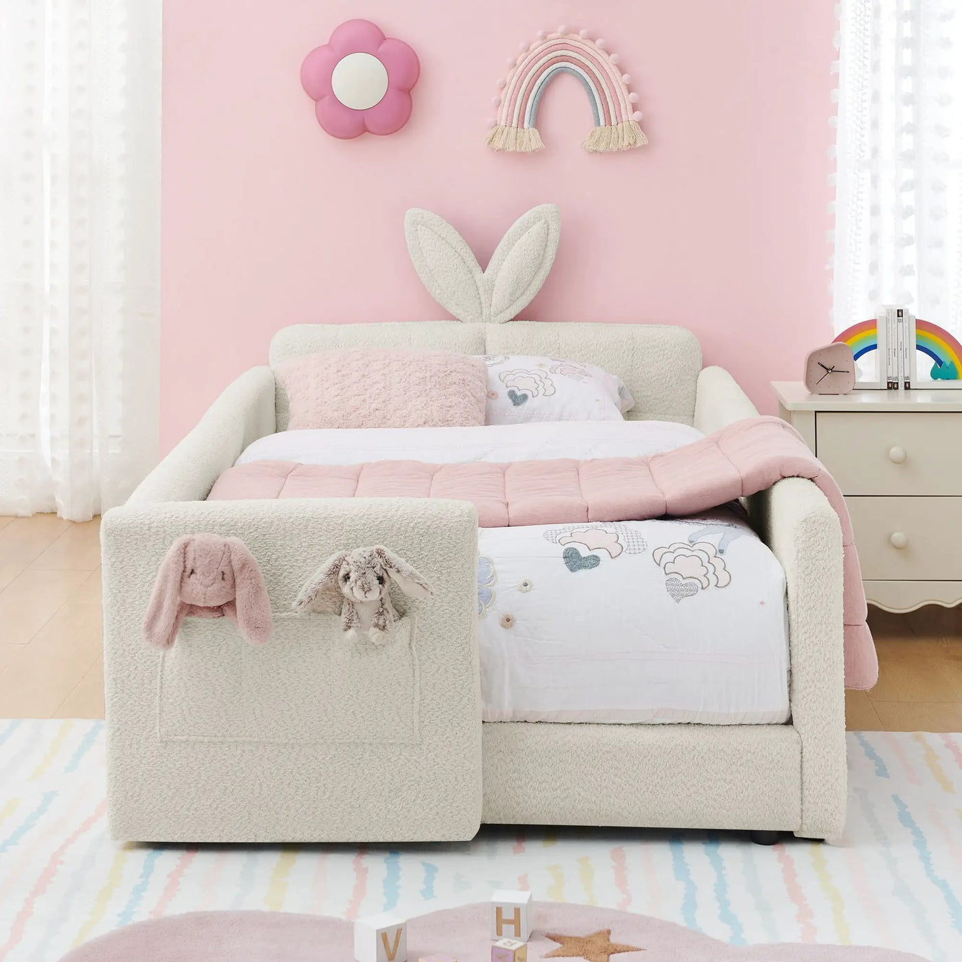 Cute Rabbit Ear Upholstered Platform Bed Frame With Safety Rail by Unique Piece Furniture