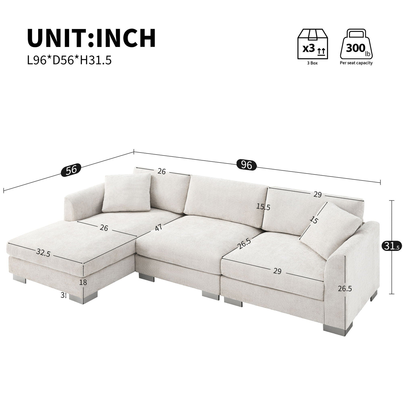 Modern Cloud Sectional Sofa L Shaped Luxury Couch Set With 2 Free Pillows 4 Seat With Oversized Chaise by Unique Piece Furniture