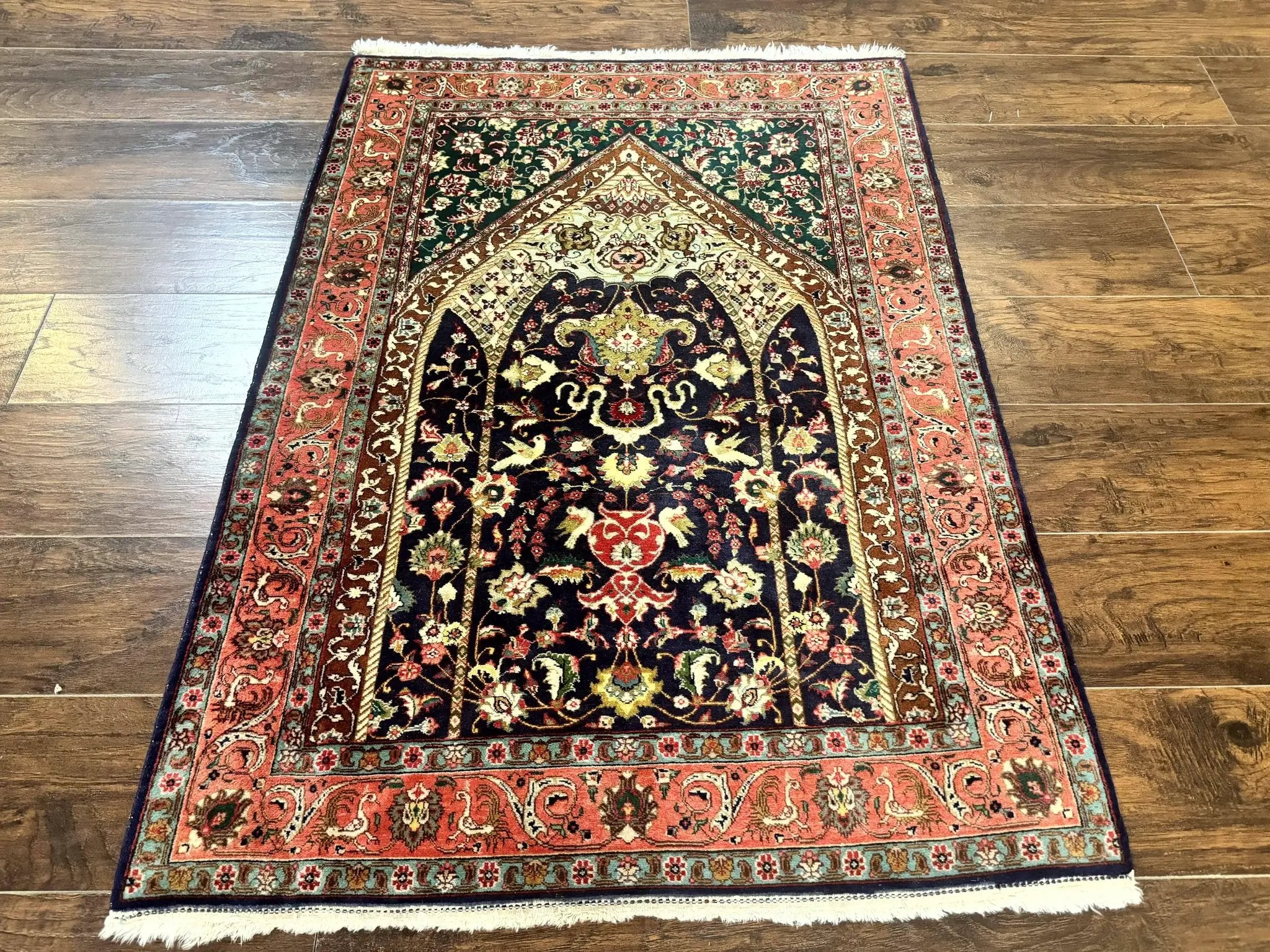 Persian Tabriz Rug 3x4, Navy Blue, Birds, Floral, Prayer Rug, Handmade Wool Rug, Finely Hand Knotted 325 KPSI by Jewel Rugs