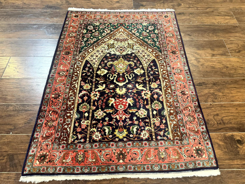Persian Tabriz Rug 3x4, Navy Blue, Birds, Floral, Prayer Rug, Handmade Wool Rug, Finely Hand Knotted 325 KPSI by Jewel Rugs