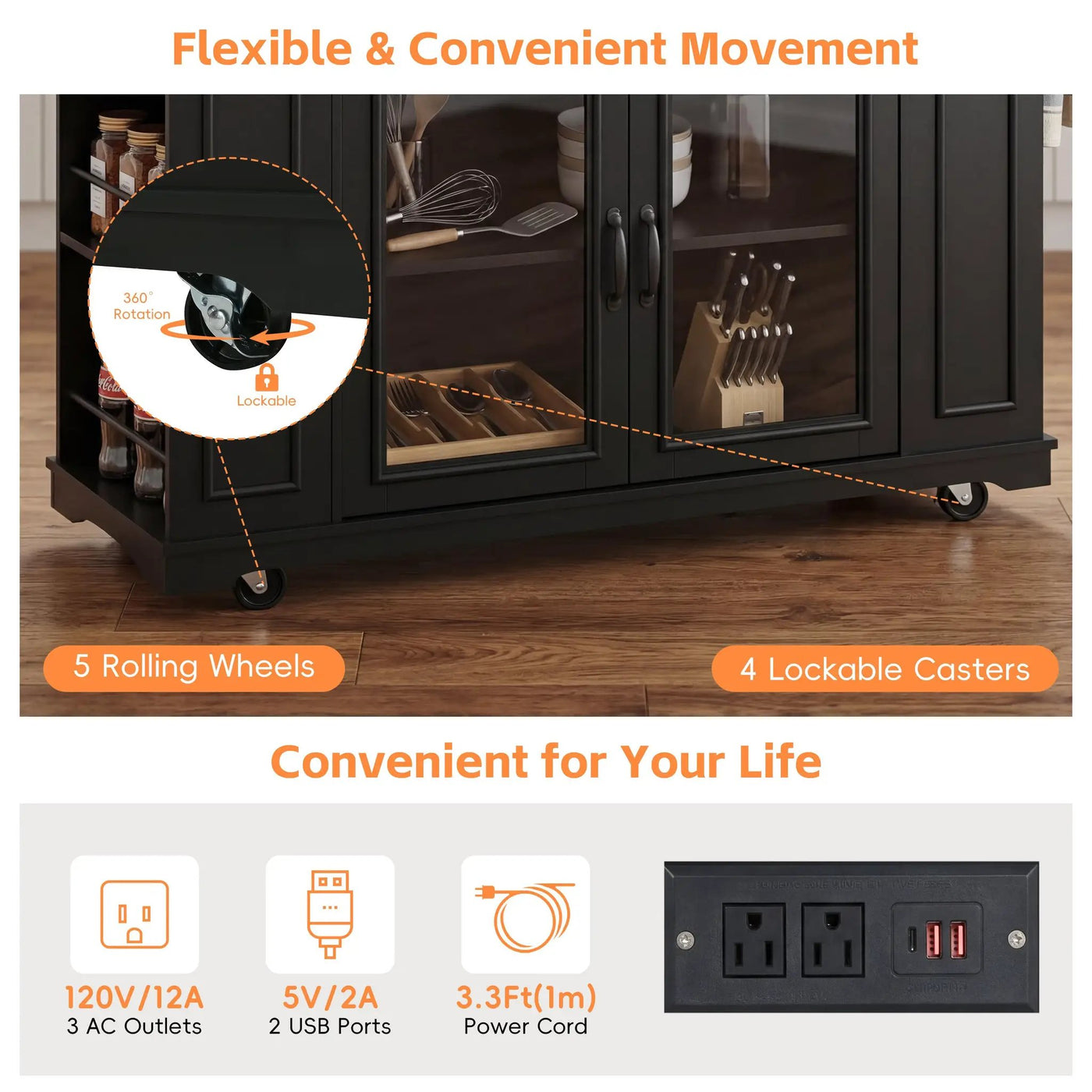54" Mobile Kitchen Island with Glass Door Storage, Power Outlet & Rolling Cart by HouseOfZazla