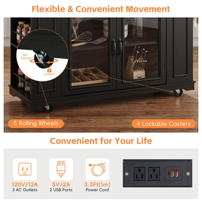 54" Mobile Kitchen Island with Glass Door Storage, Power Outlet & Rolling Cart by HouseOfZazla