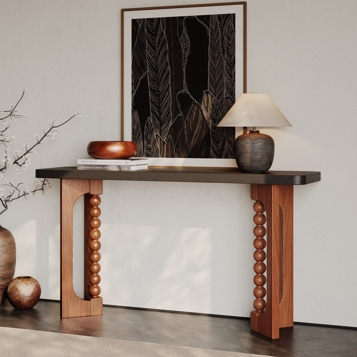 Wood Console Table with Lacquered Finish and Spherical Legs - Natural, photo 4 of 10