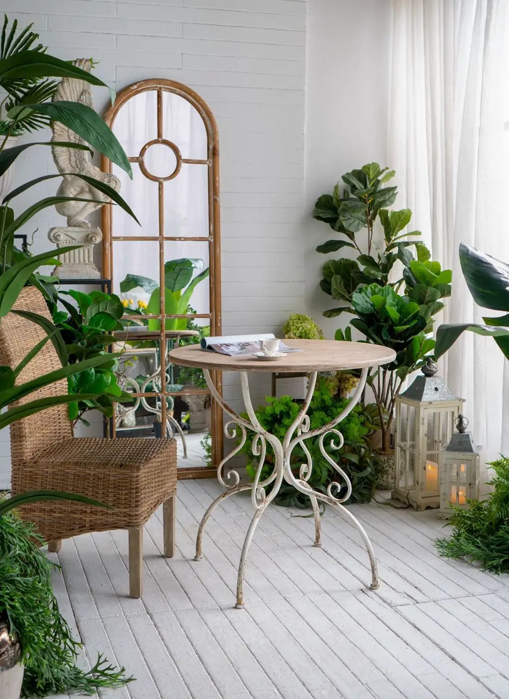 Round Wooden Table With Metal Scrollwork Legs - White Washed by HouseOfZazla