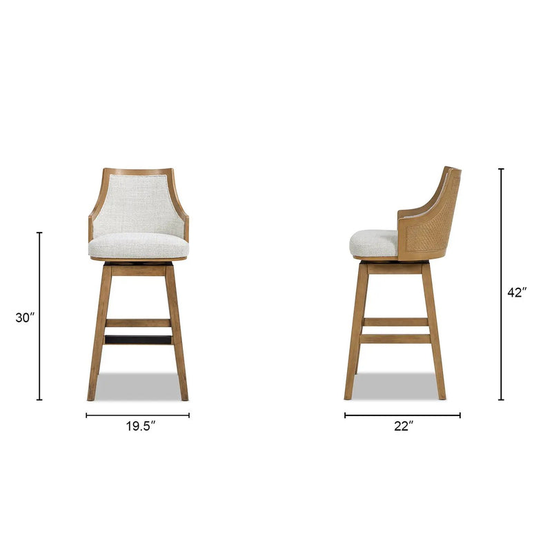 Bahama 30' Cane Rattan High-Back Swivel Bar Stool with Recessed Arms, Two-Tone Neutral Gray Polyester Wool Blend by HouseOfZazla